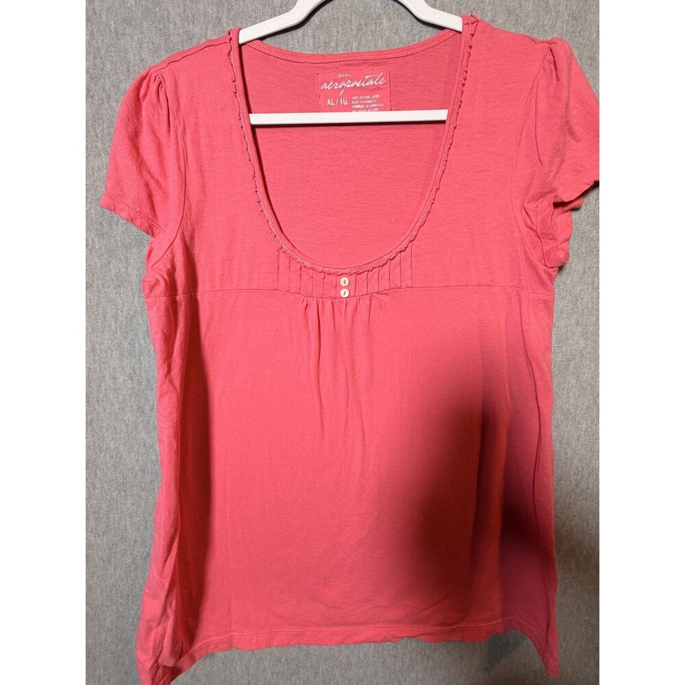 Aeropostale Women's XL/TG Pink Coral Scoop Neck Ruffle Trim Pleated T-Shirt Top
